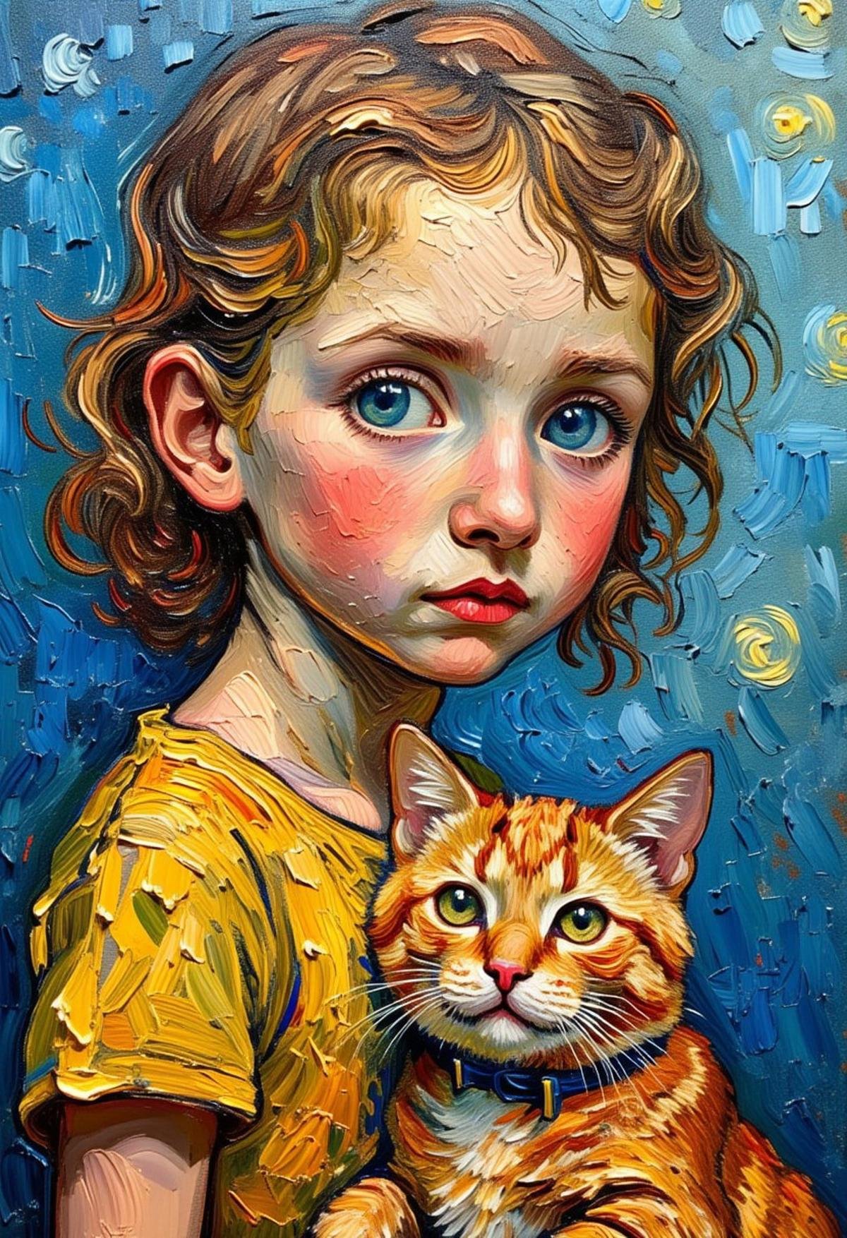 portrait of cute girl and fat cat ,in style of Vincent van Gogh ,oil painting