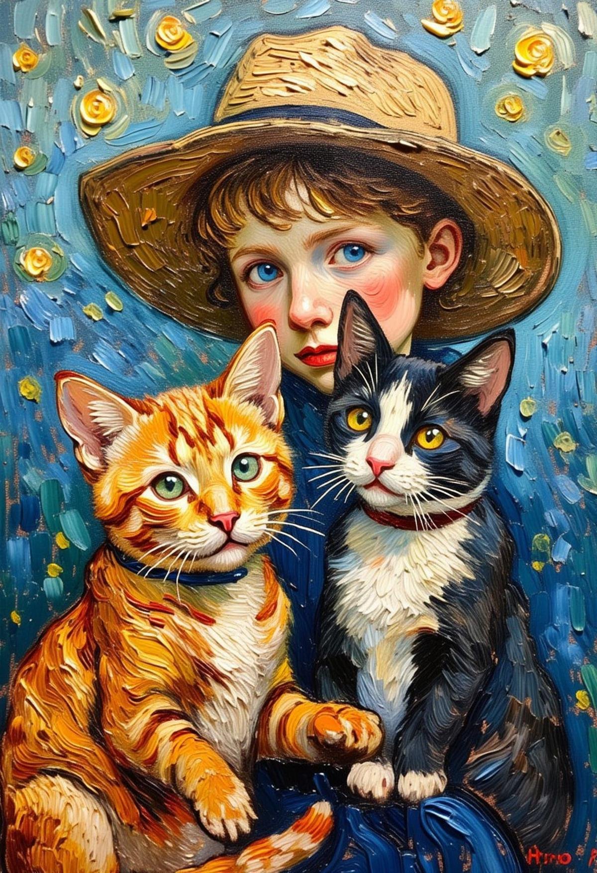 portrait of cute girl and fat cat ,in style of Vincent van Gogh ,oil painting