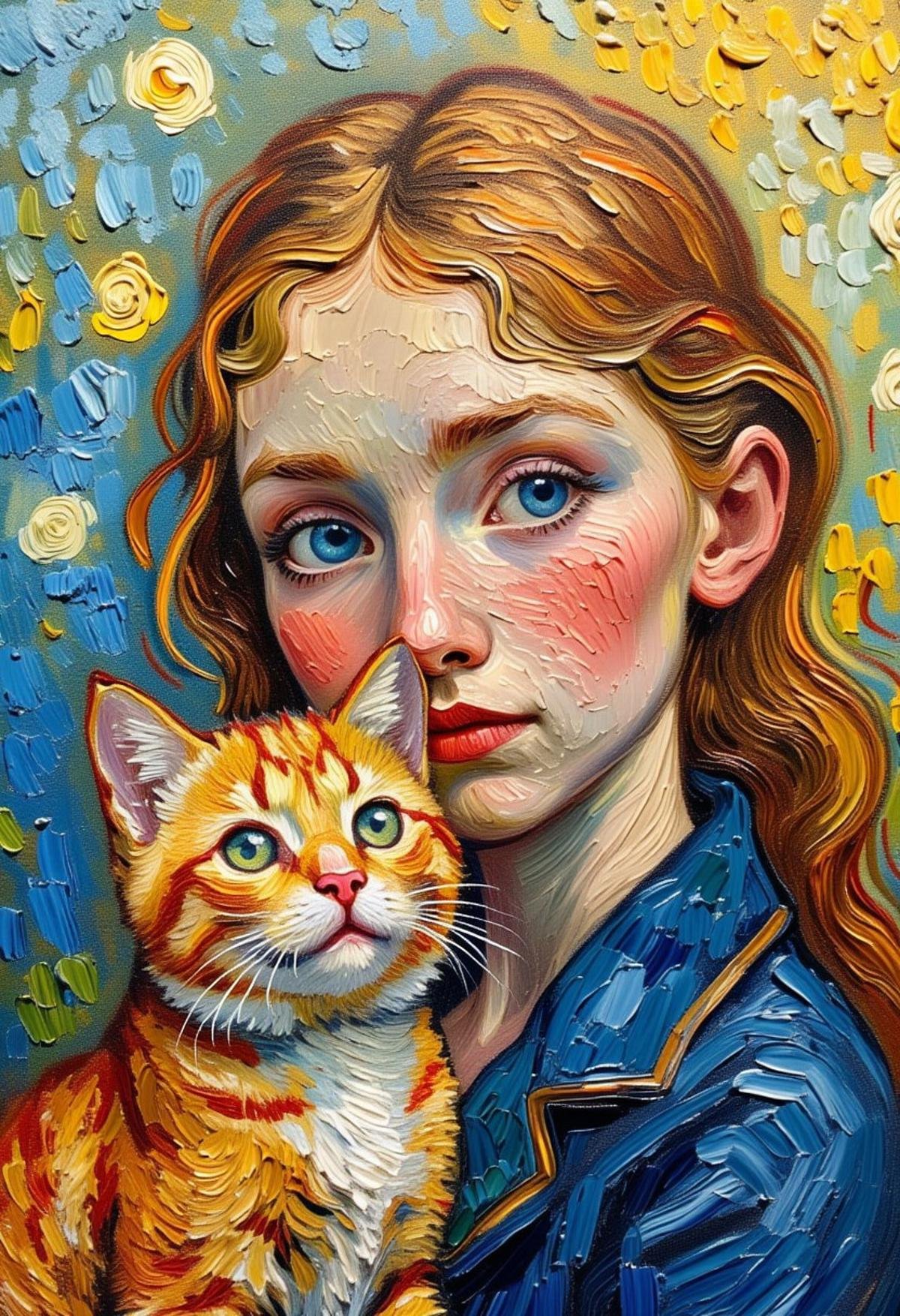 portrait of cute girl and fat cat ,in style of Vincent van Gogh ,oil painting