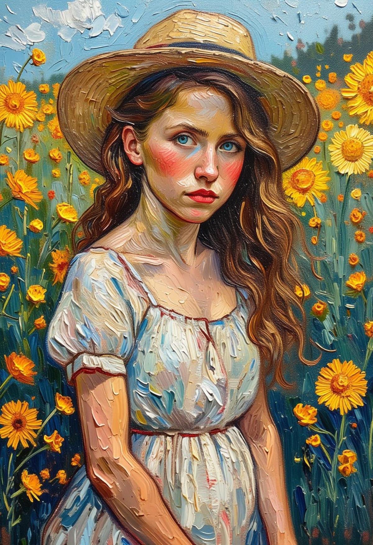 portrait of cute girl in flower garden ,in style of Vincent van Gogh ,oil painting