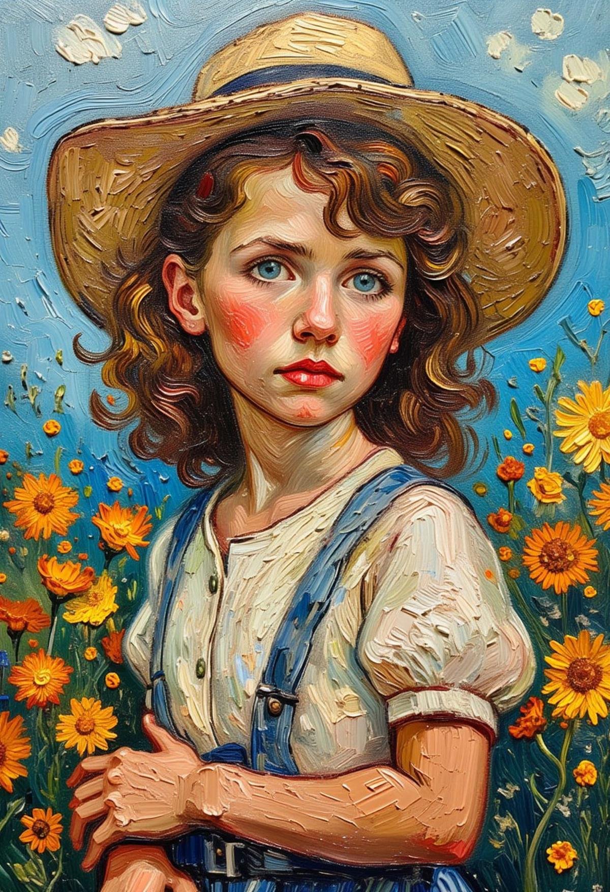 portrait of cute girl in flower garden ,in style of Vincent van Gogh ,oil painting