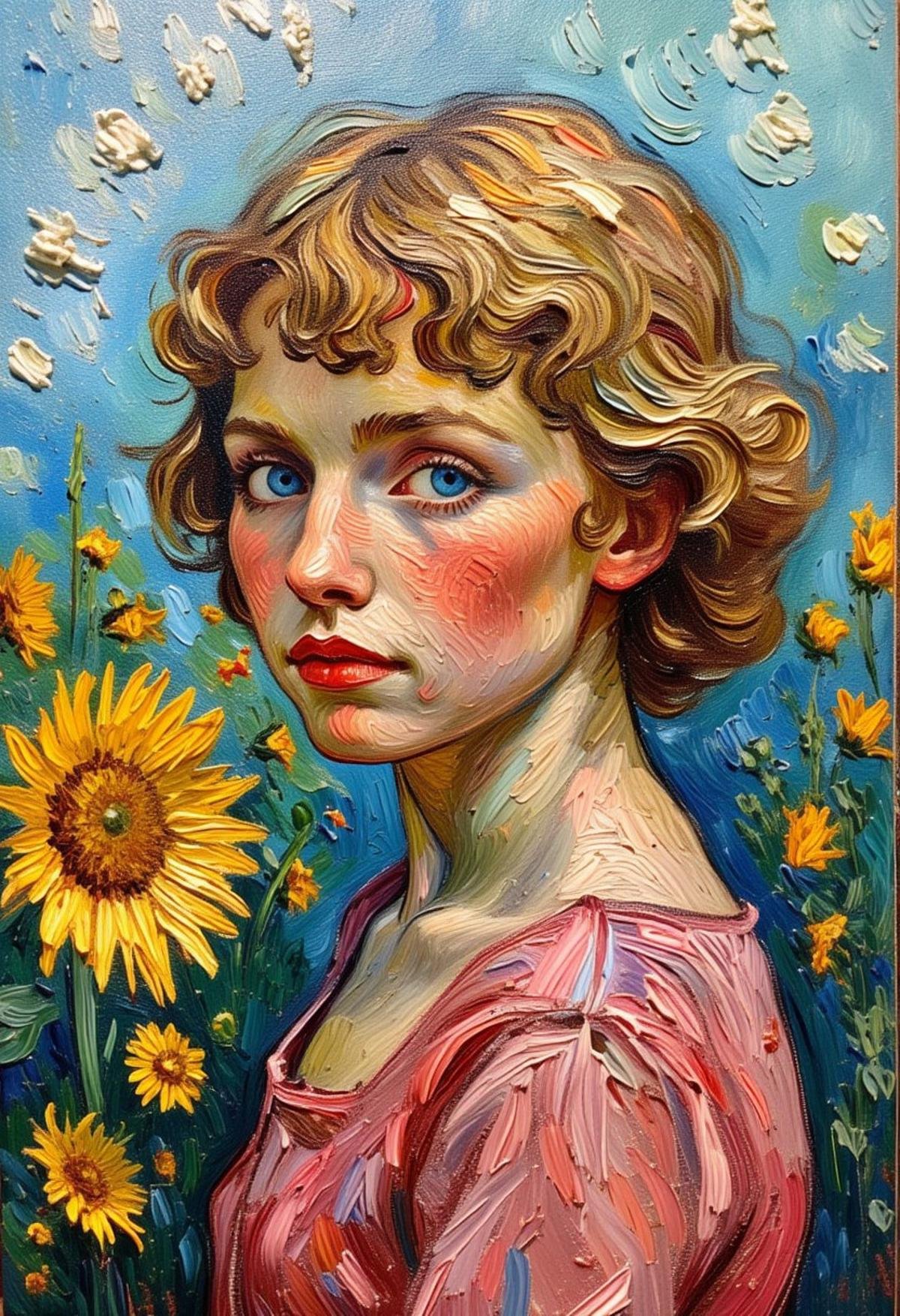 portrait of cute girl in flower garden ,in style of Vincent van Gogh ,oil painting