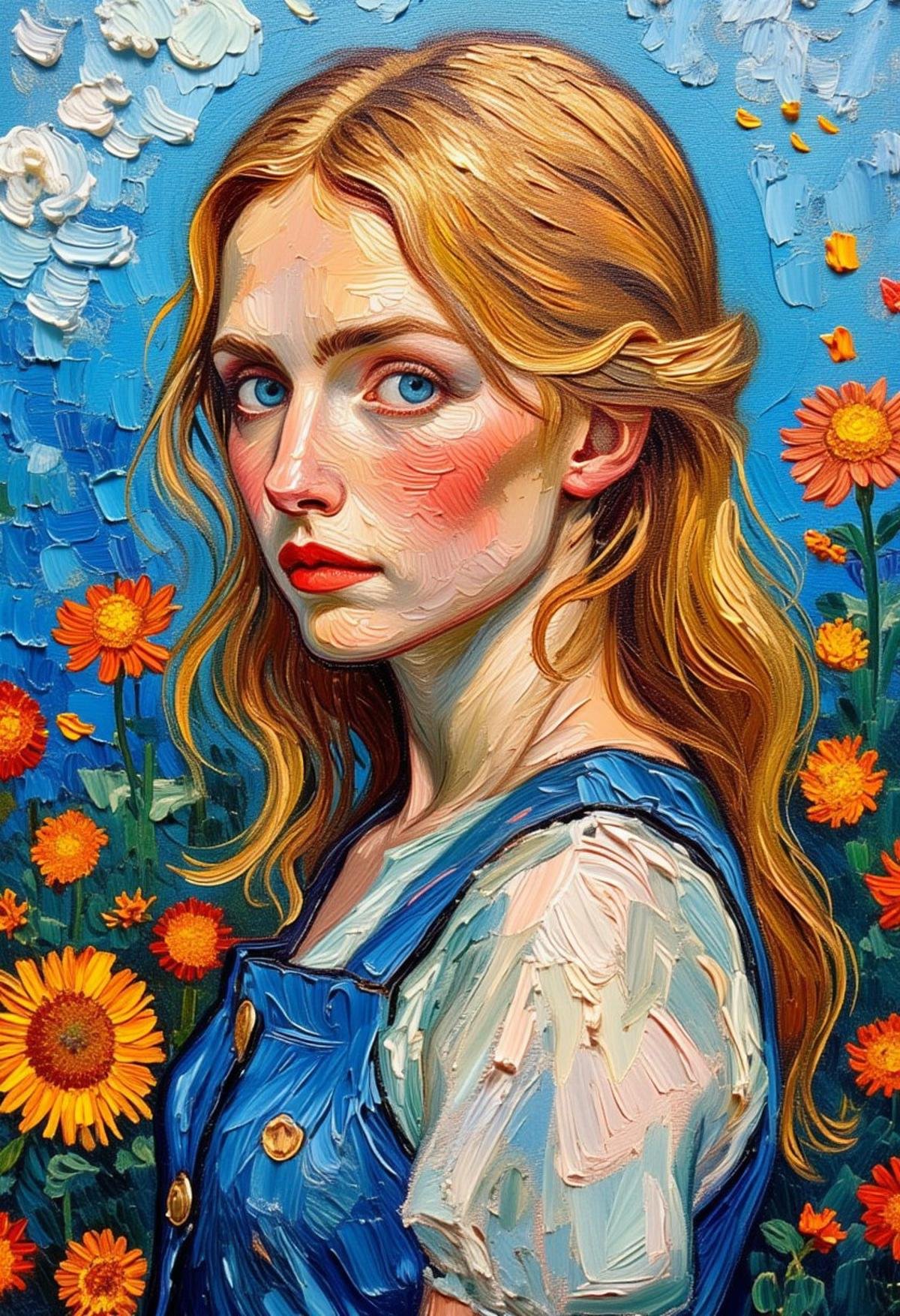 portrait of cute girl in flower garden ,in style of Vincent van Gogh ,oil painting