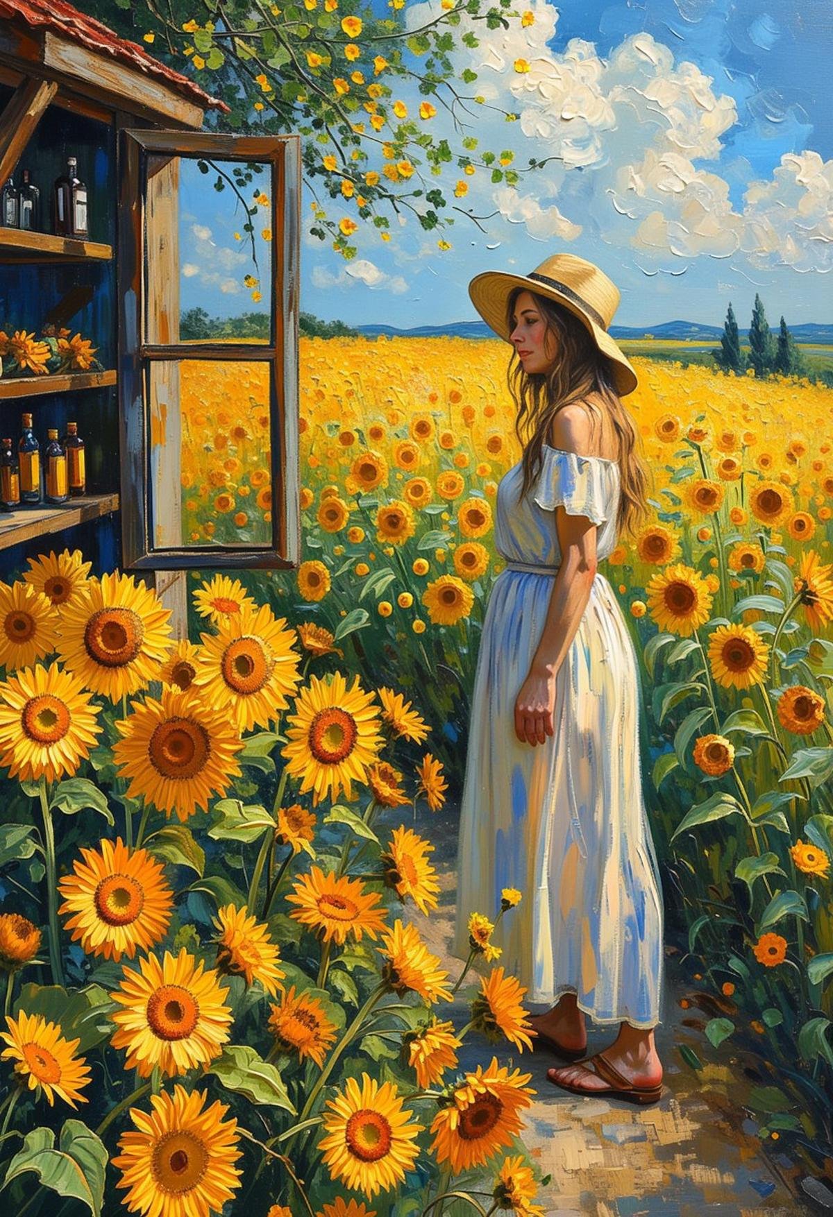 Sunflower flower shop and lovely girl,style of Vincent van Gogh