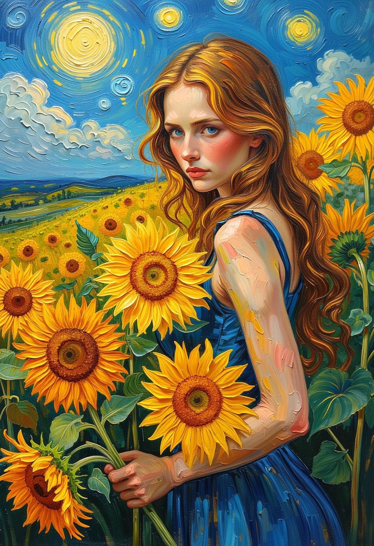 Sunflower flower shop and lovely girl,style of Vincent van Gogh