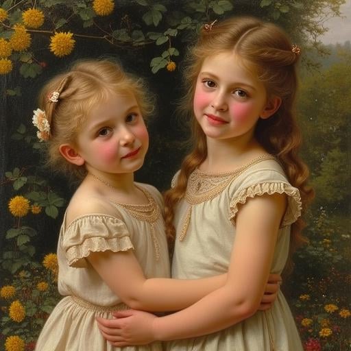 portrait of two girls in garden, in style of Guillaume Seignac,oil painting