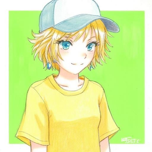 A drawing of a young girl with short blonde hair and aqua eyes, wearing a yellow shirt and a baseball cap. She has hoop earrings, and her expression is calm as she looks directly at the viewer. The style is artistic, with clean lines and soft shading, avoiding a fully realistic or overly cartoonish approach. The background is simple and green, highlighting her upper body and the details of her outfit and accessories, crayon_drawing