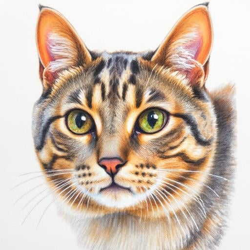 A refined, close-up portrait of a cat rendered in a professional crayon drawing style. The artwork showcases smooth, well-blended strokes, giving the fur a textured and realistic appearance. The cat's eyes are bright and detailed, with subtle shading to create depth. The color palette is carefully chosen, with rich, natural hues that bring out the cat's character. The background is minimal, with soft gradients to keep the focus on the cat's face. The overall composition is elegant, with precise line work and expert use of shading and color blending.