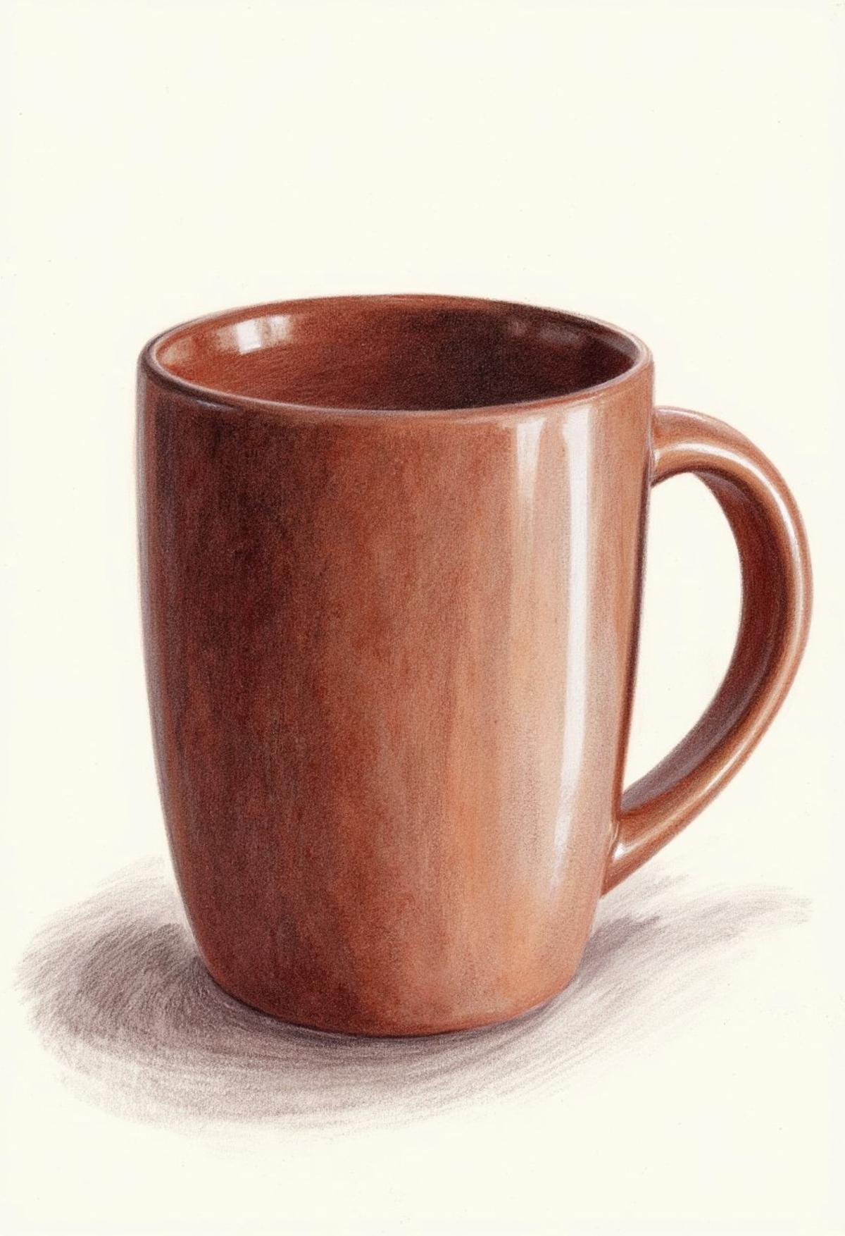 A detailed, close-up crayon drawing of a coffee mug. The mug is rendered with smooth, carefully blended strokes, capturing the glossy texture of the ceramic. The handle is shaded to reflect its rounded shape, and the light source creates a subtle highlight on the surface. The color palette is realistic, featuring a rich, deep tone for the mug with soft reflections. The background is simple, with gentle gradients that keep the focus on the mug, showcasing its form and color in a polished, professional style.", crayon_drawing