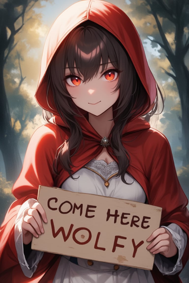 ATRFX style, of a girl wearing red riding hood costume, holding a sign that says "Come Here Wolfy"