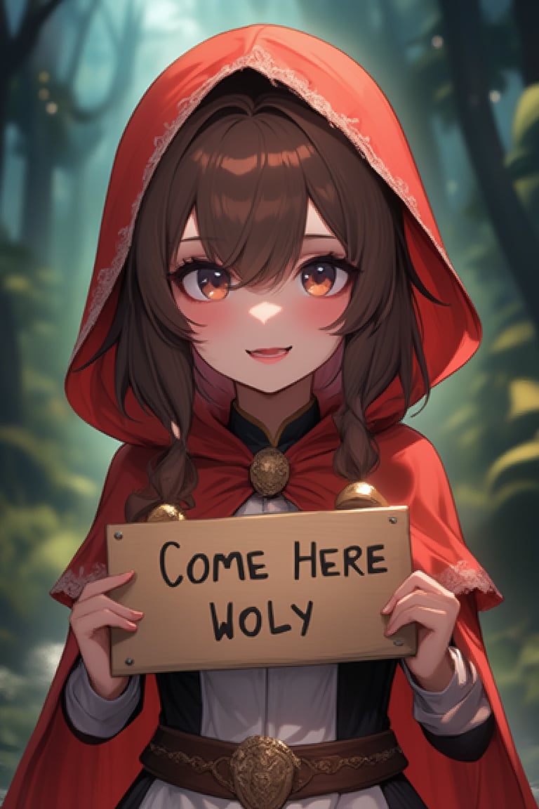 ATRFX style, of a girl wearing red riding hood costume, holding a sign that says "Come Here Wolfy"