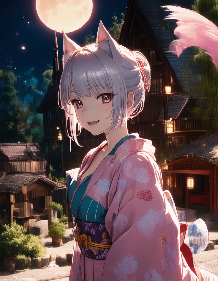 masterpiece, best_quality, BREAK,1girl,fox_ears,silver_hair,skin_fang,smile,open_mouth,kimono,hitodama, shrine,moon_night,upper_body,