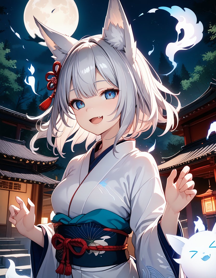 masterpiece, best_quality, BREAK,1girl,fox_ears,silver_hair,skin_fang,smile,open_mouth,kimono,hitodama, shrine,moon_night,upper_body,