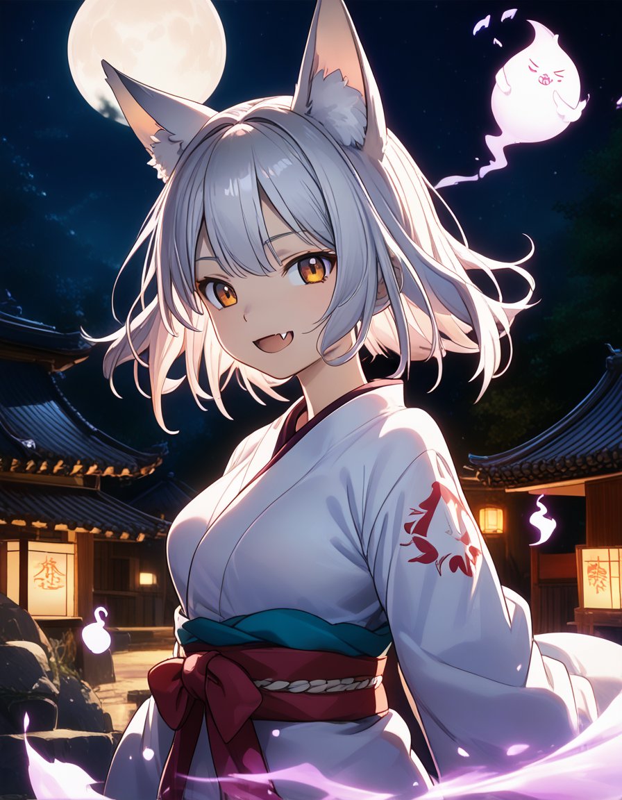 masterpiece, best_quality, BREAK,1girl,fox_ears,silver_hair,skin_fang,smile,open_mouth,kimono,hitodama, shrine,moon_night,upper_body,