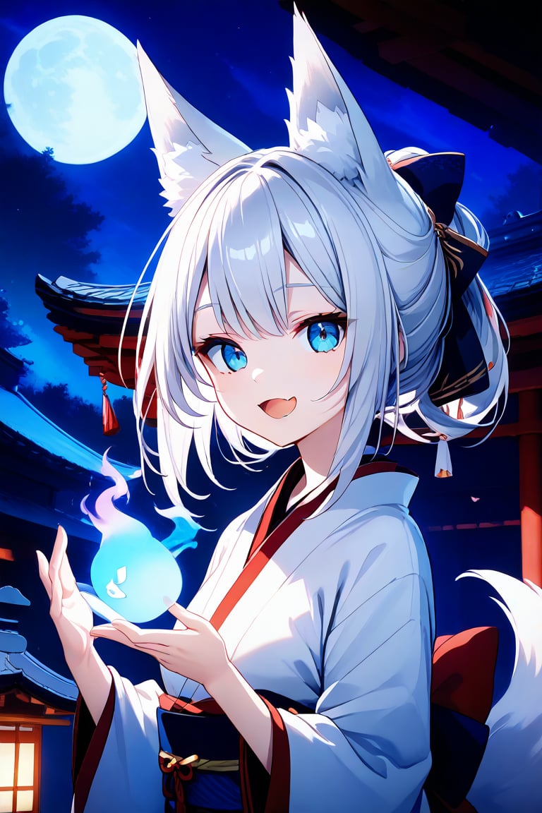 masterpiece,best quality,1girl, fox ears, silver hair, skin fang, smile, open mouth, kimono, hitodama, shrine, moon night, upper body,