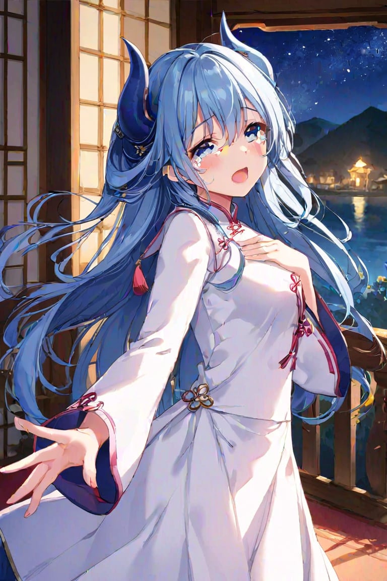  solo,liuli,blue hair,blue eyes,horns,blue horns,1girl, (long hair), hair between eyes, floating hair, white dress,long sleeves,blush,chinese_clothes,upper body,(masterpiece:1.3),( beautiful:1.2),(high quality:1.2),(finely detailed:1.2),extremely detailed CG unity 8k wallpaper,best quality,a very delicate and beautiful,perfect fingers,(one cute girl at the center:1.2),night,star_(sky),from behind, rolling eyes,look back,open_mouth,crying,half-opened-eyes,outstretched hand,hand on own chest