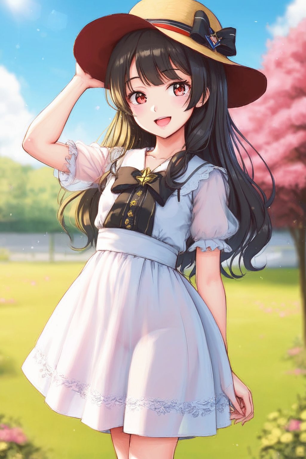  mmd Style, (masterpiece), (best quality), illustration, ultra detailed, hdr, Depth of field, (colorful),Ling Yuan Yousa (Virtual Idol), 1girl, solo, one_eye_closed, long_hair, hat, blurry, outdoors, smile, dress, blurry_background, flower, open_mouth, red_eyes, see-through, looking_at_viewer, depth_of_field, black_hair, bangs, brown_hair, striped, bow, tree, jewelry, short_sleeves