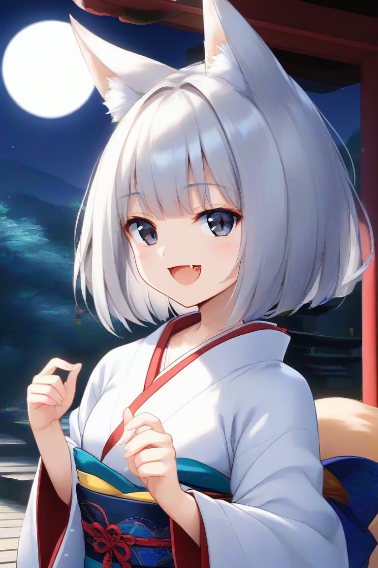 masterpiece,best quality,1girl, fox ears, silver hair, skin fang, smile, open mouth, kimono, hitodama, shrine, moon night, upper body,