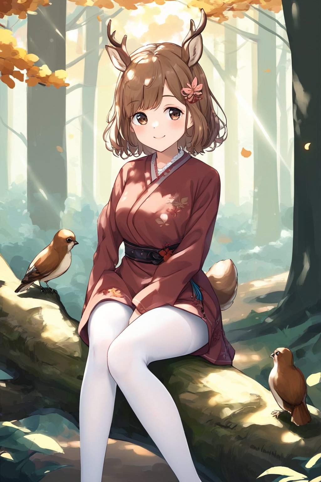  1girl, apricot brown hair, medium hair, brown eyes, smile, sitting on fallen tree, autumn forest, dappled sunlight, deer, squirrel, bird, butterfly style , white pantyhose
