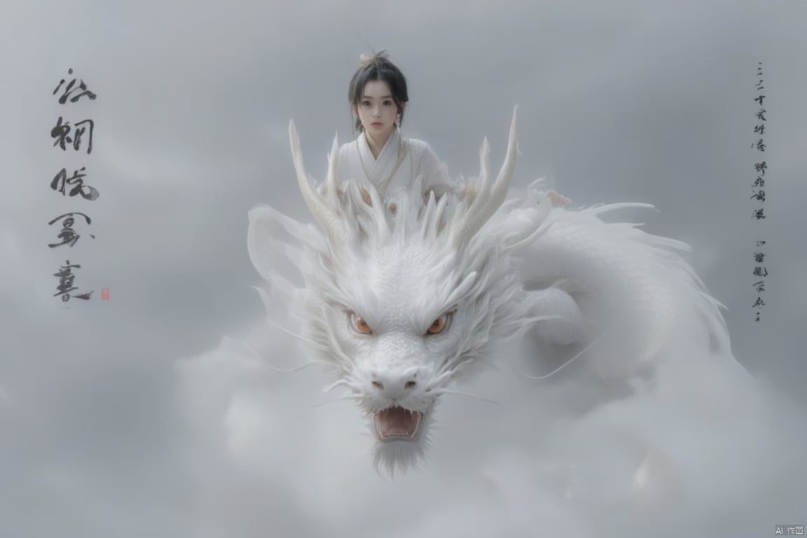 Captured from a high-angle perspective, a medium-sized Asian woman, dressed in a white kimono adorned with a gold belt, stands atop a large white dragon. The dragon, adorned with white feathers, has a long flowing tail, cascading over her shoulders. The woman's head is adorned with an orange eye, adding a pop of color to the otherwise monochromatic scene. Her hair is pulled back in a ponytail, adding depth to the composition. The backdrop, a gray sky, dotted with white clouds, adds a touch of mystery to the scene. To the left of the image, a Chinese symbol is visible.,loong