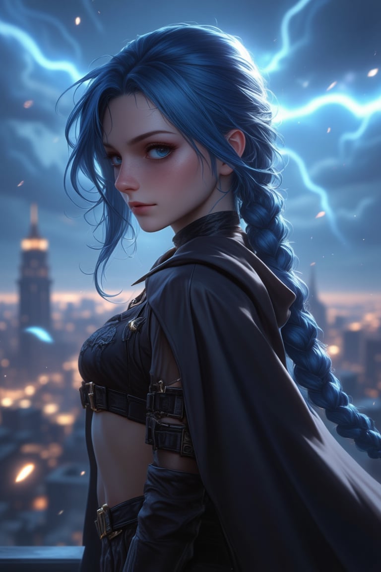 (Photorealistic:1.2), side light, cinematic angle, dramatic light.
Young woman, blue braid, long hair, look at viewer,JinxKaryln,jinx league of legends, bat girl, black body con outfit, black cape, bat man mask, rooftop, city view, thunder sky, dark night