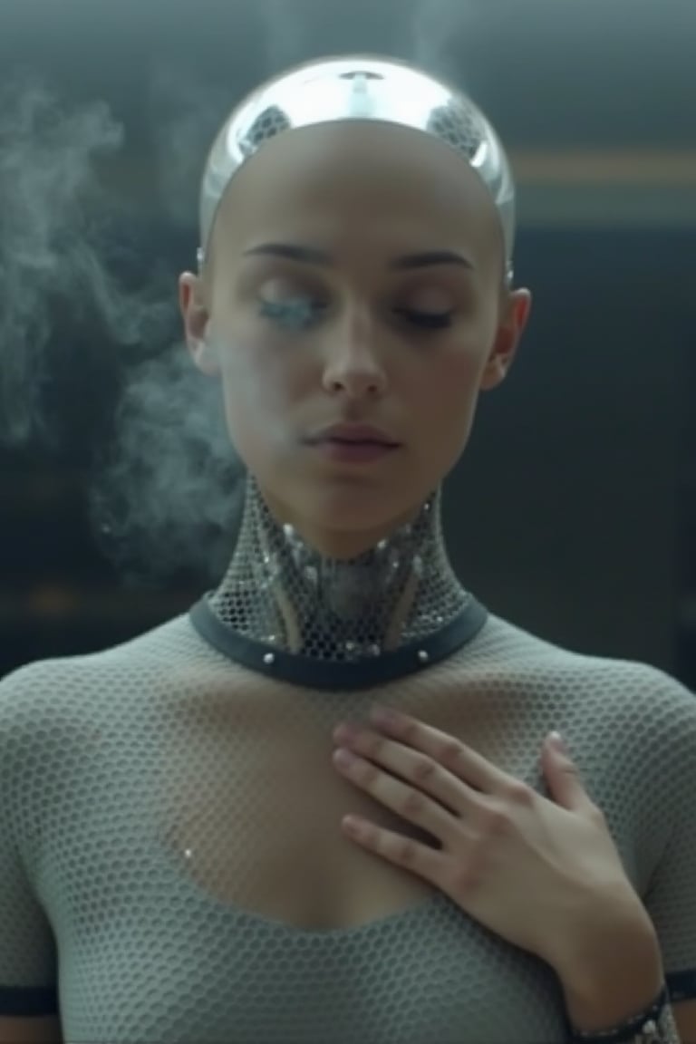 A beautiful Korean robot girl is touching her brests. Smoke is coming out of the fron of her neck, exmachina, ava,