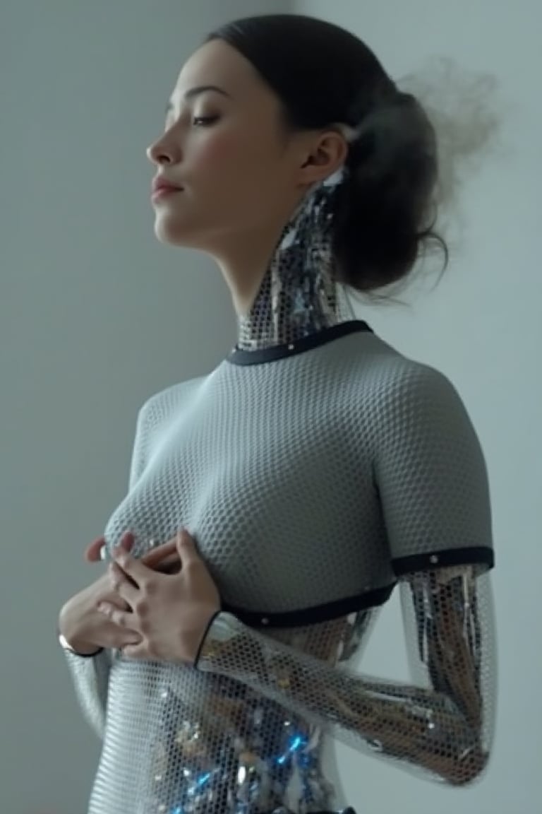 A beautiful Korean robot girl is touching her belly. Smoke is coming out of the fron of her neck, exmachina, ava,