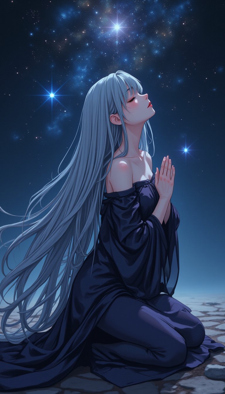 Dedicated to Reiji Matsumoto. A mysterious woman with a thin face, long, beautiful eyes and very long eyelashes. The woman has supple and surprisingly long silver hair, and is quietly closing her eyes, kneeling, looking up at the sky, and praying to the stars with her hands clasped in front of her chest. The background of the nebula and galaxy makes the mysterious woman in an off-the-shoulder long dress even more mysterious.,1girl_Anime