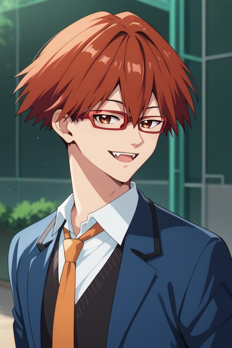 score_9,score_8_up,score_7_up, source_anime,Highly detailed, masterpiece, high quality, beautiful, high resolution, beautiful eyes, good details, 1boy, cowboy shot,ChihayaShunpei,red hair,brown hair,brown eyes,short hair, red-framed eyewear,hair between eyes, smile , open mouth, teeth, fangs, school uniform,necktie, blue blazer, black sweater, looking_at_viewer, cowboy shot