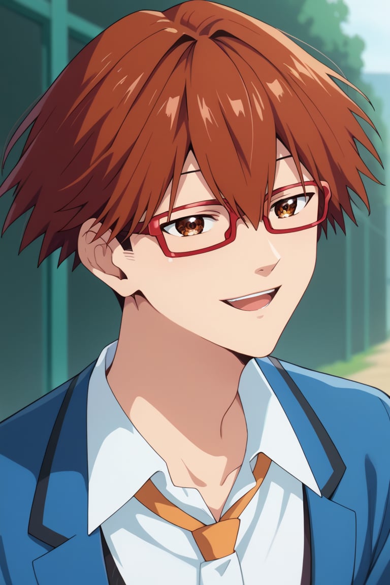 score_9,score_8_up,score_7_up,Expressiveh,source_anime,Highly detailed, masterpiece, high quality, beautiful, high resolution, beautiful eyes, good details, slim, hands with five fingers, 1boy, cowboy shot,ChihayaShunpei,red hair,brown hair,brown eyes,glasses,short hair,red-framed eyewear,hair between eyes,smile , open mouth