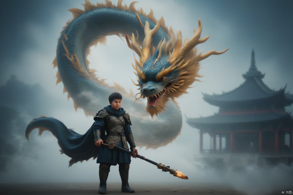 男孩,全身,靴子,斗篷,盔甲,面部毛发,骑着中国龙, black dragon is soaring through the air towards the right side of the frame. The dragon's head is adorned with long, wavy yellow feathers. Its mouth is open, revealing its sharp teeth and sharp teeth. Its wings are spread out, adding a touch of contrast to the scene. The sky is a deep blue, dotted with white clouds, and a pagoda-style building can be seen in the background.,yt loong