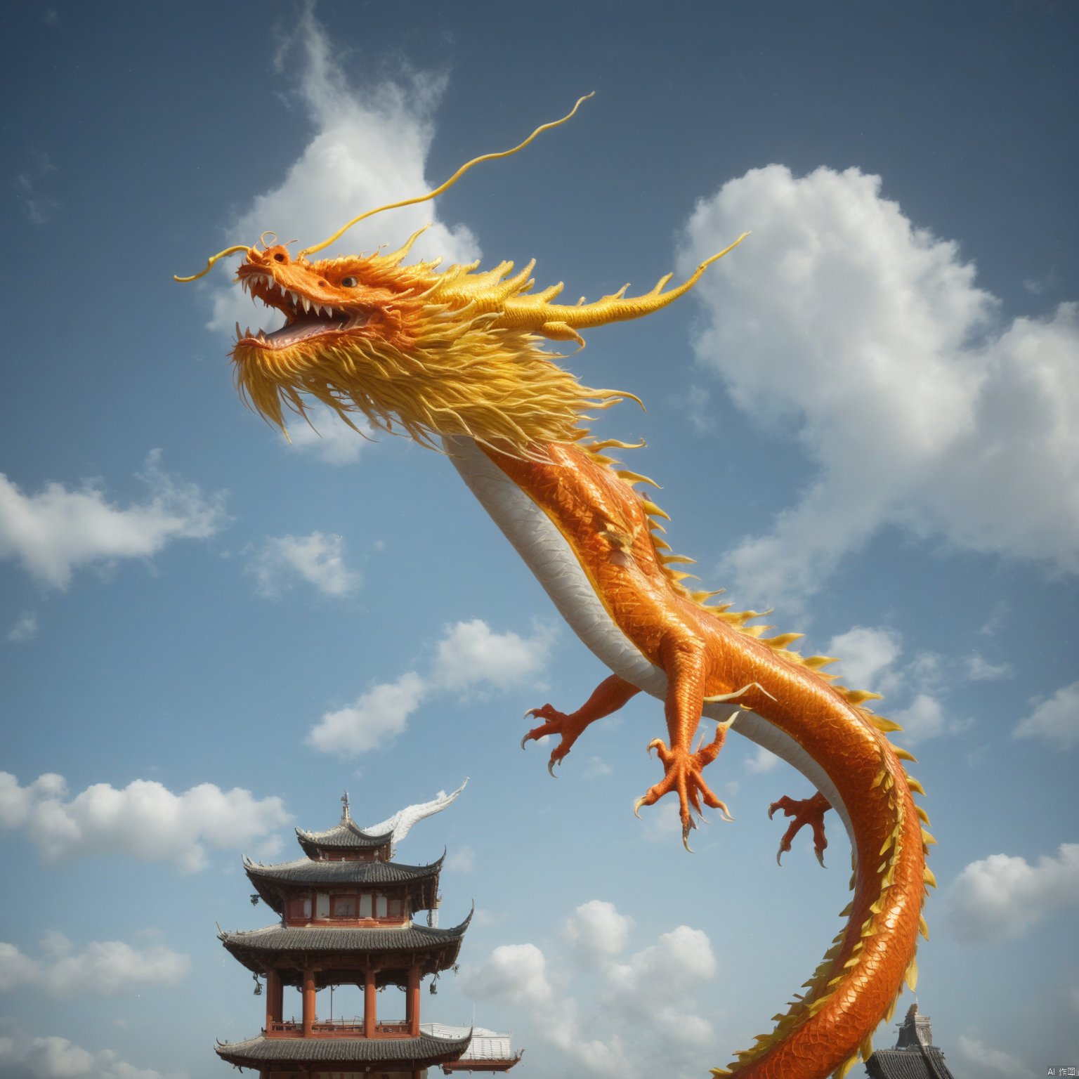 Captured from a low-angle perspective, a vibrant orange and white dragon is soaring through the air towards the right side of the frame. The dragon's head is adorned with long, wavy yellow feathers. Its mouth is open, revealing its sharp teeth and sharp teeth. Its wings are spread out, adding a touch of contrast to the scene. The sky is a deep blue, dotted with white clouds, and a pagoda-style building can be seen in the background.,yt loong