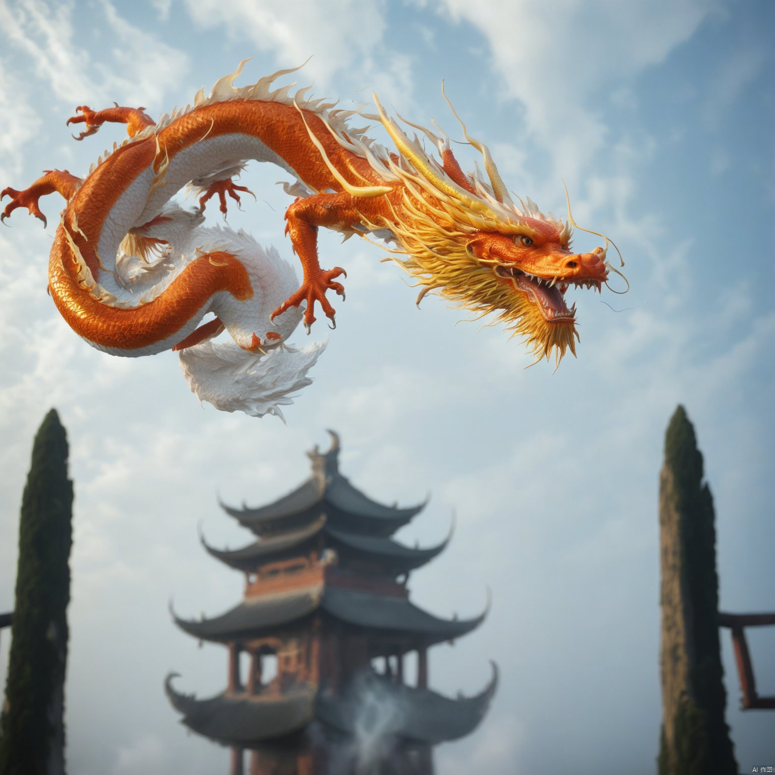 Captured from a low-angle perspective, a vibrant orange and white dragon is soaring through the air towards the right side of the frame. The dragon's head is adorned with long, wavy yellow feathers. Its mouth is open, revealing its sharp teeth and sharp teeth. Its wings are spread out, adding a touch of contrast to the scene. The sky is a deep blue, dotted with white clouds, and a pagoda-style building can be seen in the background.,yt loong