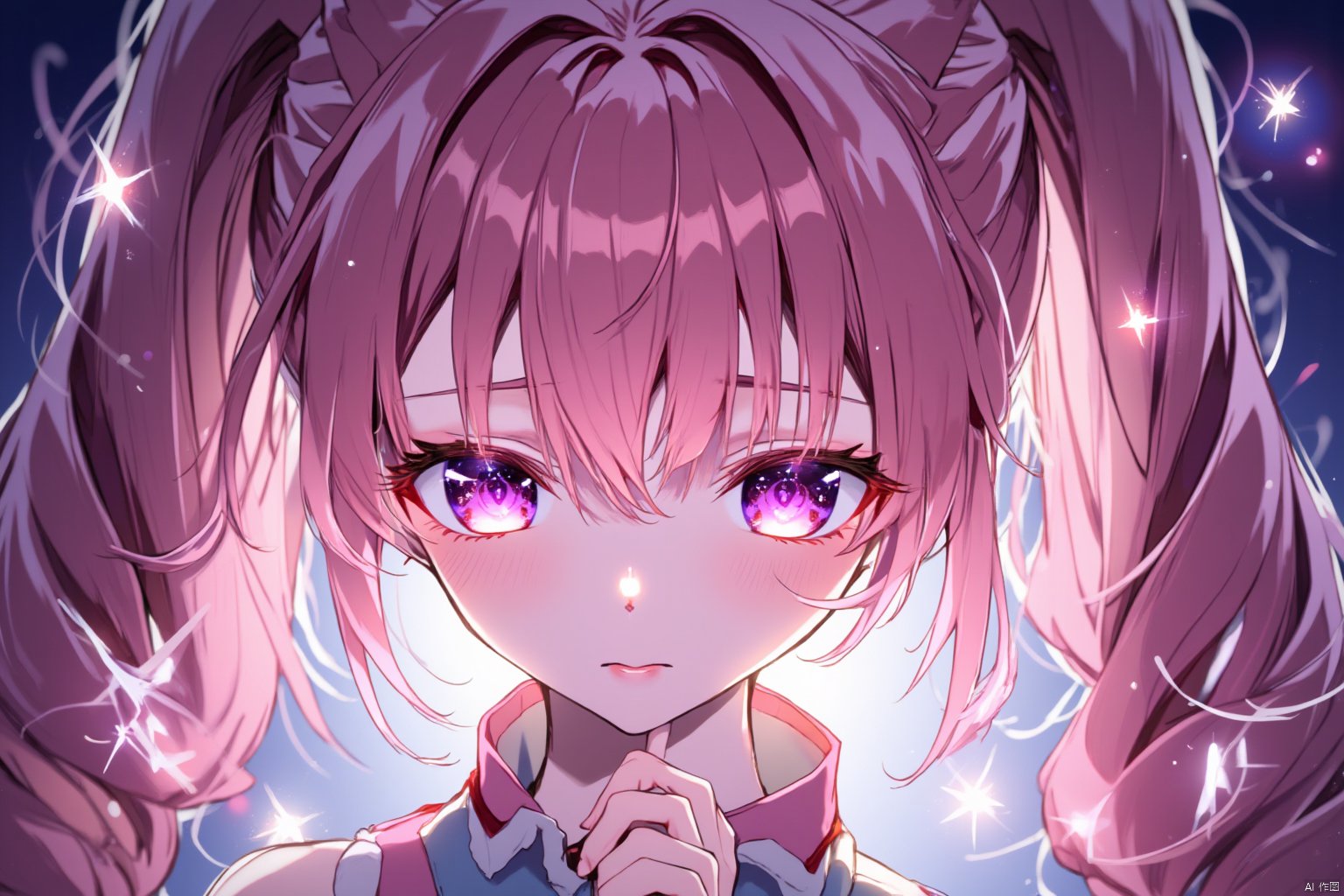 {{best quality}}, {{masterpiece}}, {{ultra-detailed}}, {illustration}, {detailed light}, {an extremely delicate and beautiful}, a girl, {beautiful detailed eyes}, stars in the eyes, messy floating hair, colored inner hair, Starry sky adorns hair, depth of field, 1girl,pink hair, long hair,twintails