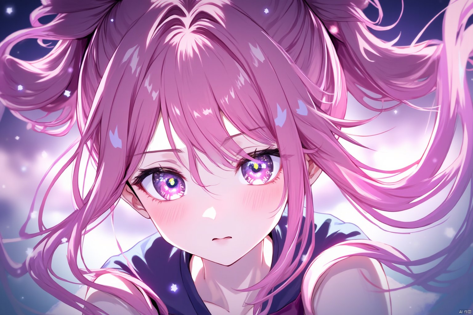 {{best quality}}, {{masterpiece}}, {{ultra-detailed}}, {illustration}, {detailed light}, {an extremely delicate and beautiful}, a girl, {beautiful detailed eyes}, stars in the eyes, messy floating hair, colored inner hair, Starry sky adorns hair, depth of field, 1girl,pink hair, long hair,twintails