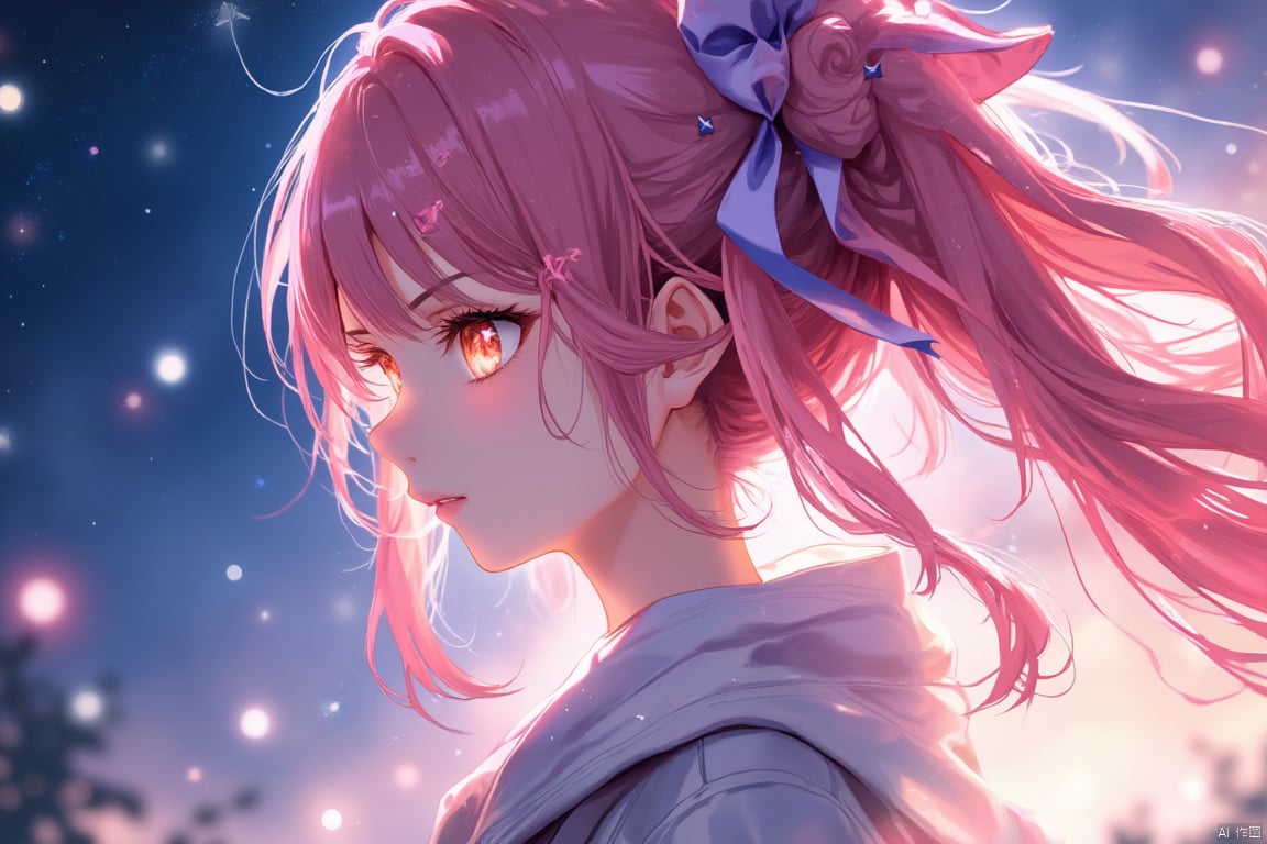 {{best quality}}, {{masterpiece}}, {{ultra-detailed}}, {illustration}, {detailed light}, {an extremely delicate and beautiful}, a girl, {beautiful detailed eyes}, stars in the eyes, messy floating hair, colored inner hair, Starry sky adorns hair, depth of field, 1girl,pink hair, long hair,twintails