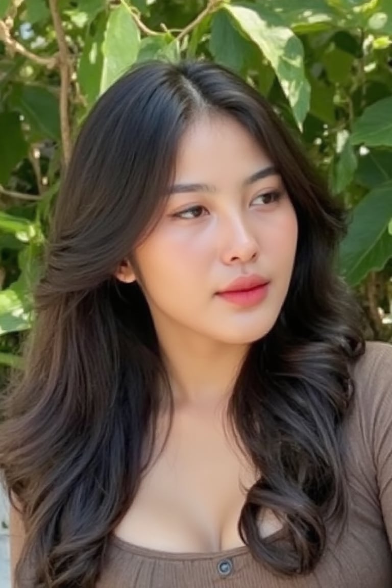 A serene Korean woman sits majestically against a backdrop of lush greenery, her porcelain complexion glowing softly in the warm sunlight. Her raven tresses cascade down her back like a waterfall of night, framing her elegant features with a subtle wispy texture. Her eyes, like pools of dark sapphire, sparkle with an inner light as she gazes wistfully into the distance.