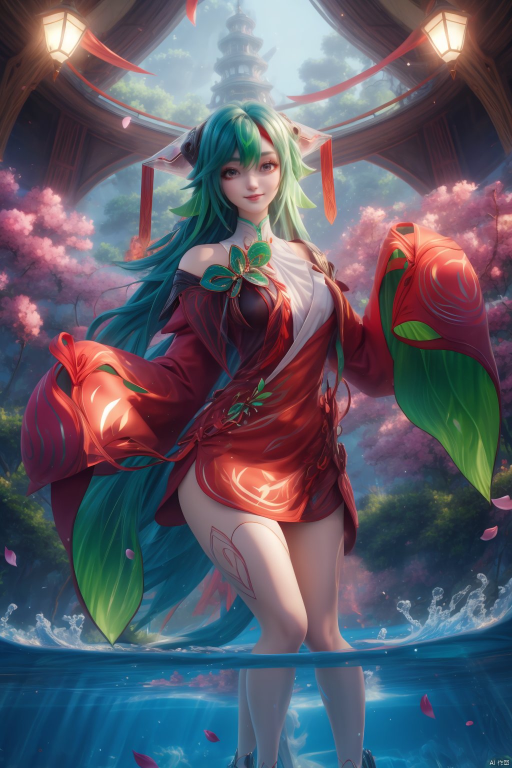 1girl, long hair, looking at viewer,   hair ornament, japanese clothes, green hair,wide sleeves, water, petals, legs,indoors,happy,red dress,bare shoulders,shorts under skirt,