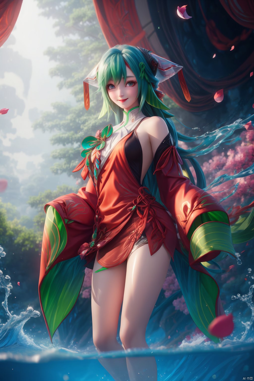 1girl, long hair, looking at viewer,   hair ornament, japanese clothes, green hair,wide sleeves, water, petals, legs,indoors,happy,red dress,bare shoulders,shorts under skirt,