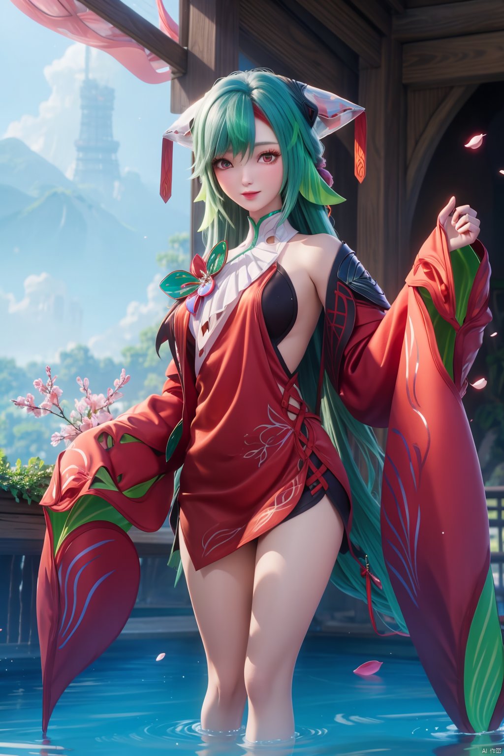 1girl, long hair, looking at viewer,   hair ornament, japanese clothes, green hair,wide sleeves, water, petals, legs,indoors,red dress,bare shoulders,shorts under skirt,