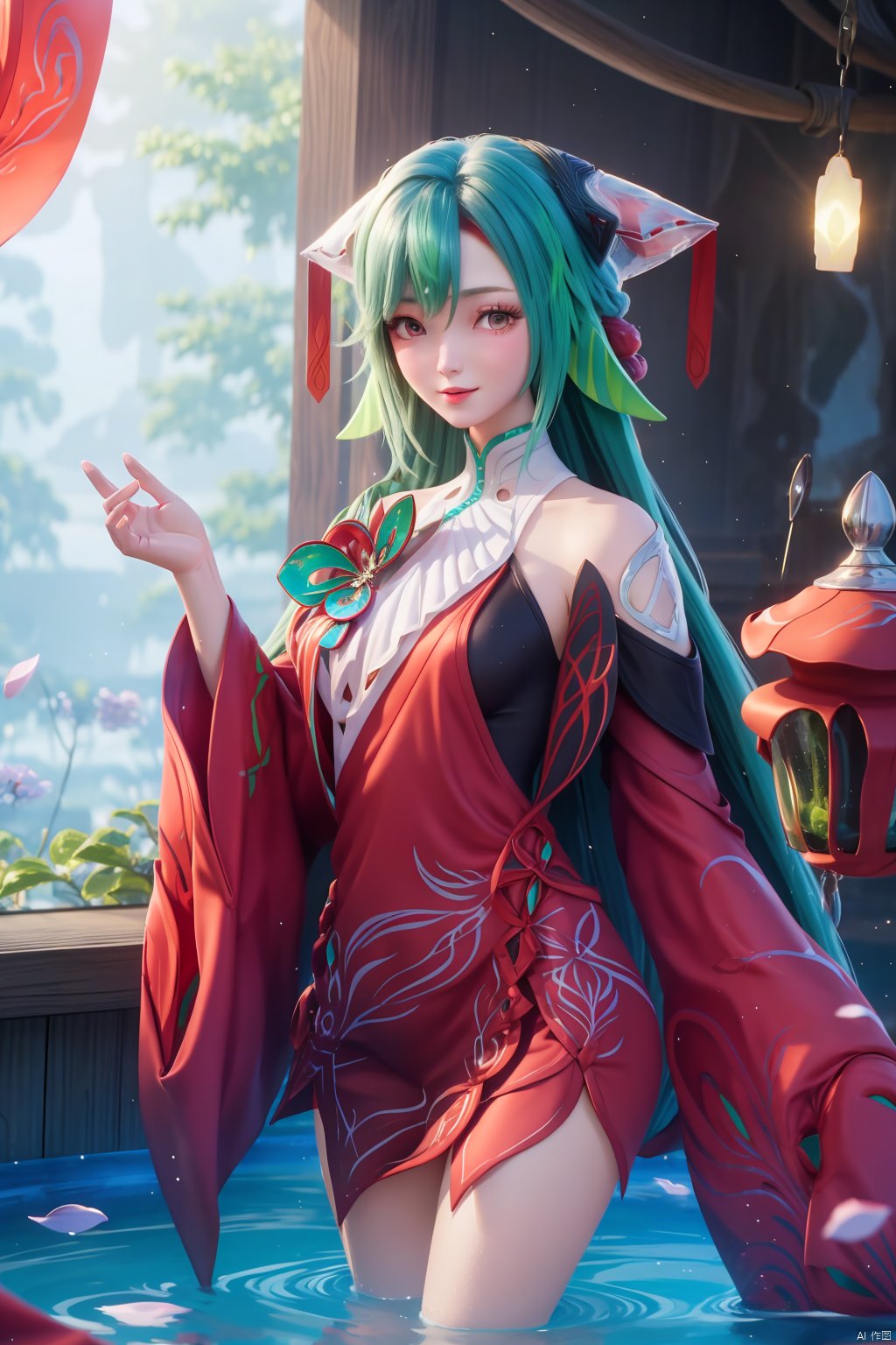 1girl, long hair, looking at viewer,   hair ornament, japanese clothes, green hair,wide sleeves, water, petals, legs,indoors,red dress,bare shoulders,shorts under skirt,