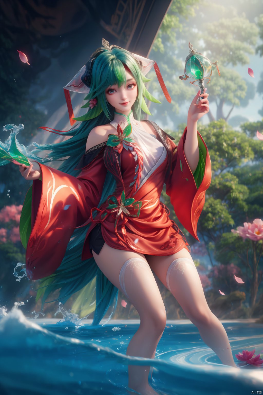 1girl, long hair, looking at viewer,   hair ornament, japanese clothes, green hair,wide sleeves, water, petals, legs,indoors,happy,red dress,bare shoulders,shorts under skirt,