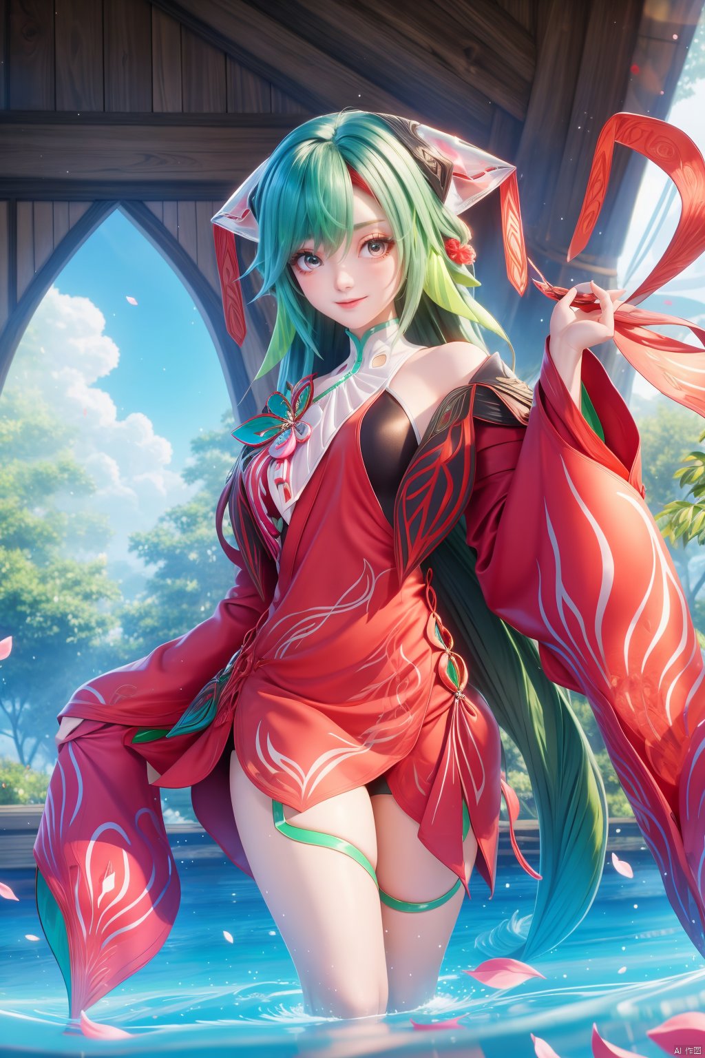 1girl, long hair, looking at viewer,   hair ornament, japanese clothes, green hair,wide sleeves, water, petals, legs,indoors,happy,red dress,bare shoulders,shorts under skirt,