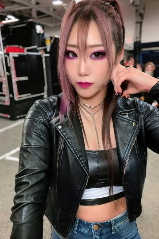 beautiful detailed eyes, tight jeans, cropped leather jacket, kairi sane face, punk girl hairstyle, punk girl makeup,kairisane,Sexy Pose