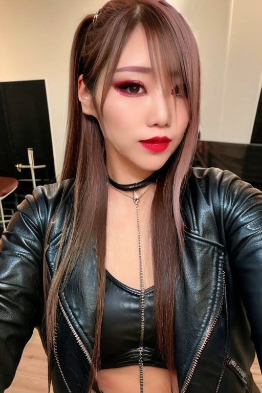 beautiful detailed eyes, tight dress, cropped leather jacket, kairi sane hairstyle, red lips,kairisane