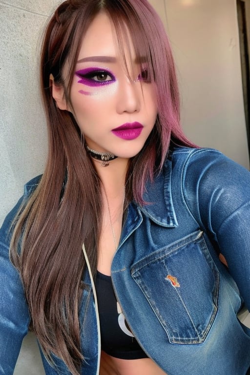 beautiful detailed eyes, sexy supermodel detailed makeup, tight jeans, cropped denim jacket, dark lips, kairi sane hairstyle, black eyeshadows,kairisane