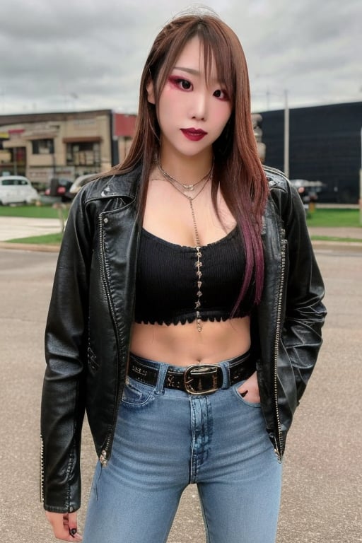 Kairi Sane in her young years, she is wearing frayed jeans, cropped leather jacket, heel boots, black lips, fashion belt, she is flirting,kairisane