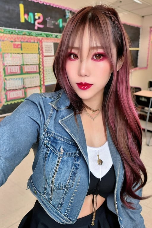 High school teacher japanese girl, sexy denim jacket, long formal black skirt, formal makeup, formal attire, red lips, cute style, kairi sane haircolor, kairi sane face, formal hairstyle, she is posing sexy in her classroom,kairisane