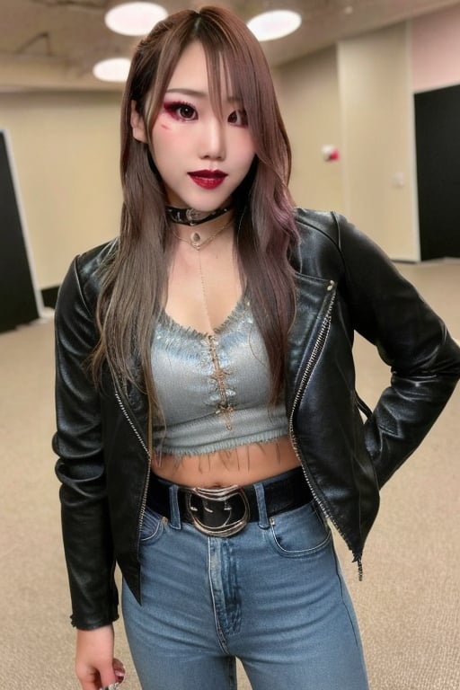 Kairi Sane in her young years, she is wearing frayed jeans, cropped leather jacket, heel boots, black lips, fashion belt, she is flirting,kairisane