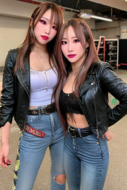 Kairi Sane in her young years, she is wearing frayed jeans, cropped leather jacket, heel boots, black lips, fashion belt, she is flirting,kairisane